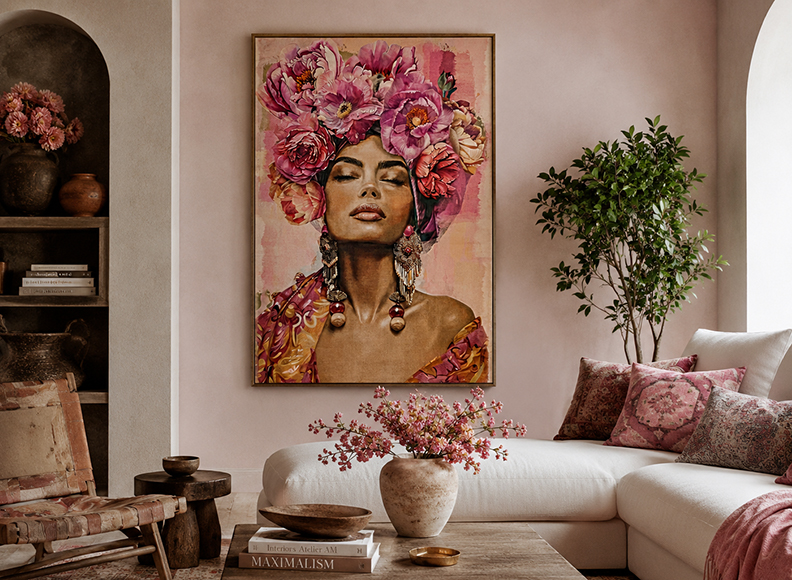 cuadro-chica-flores-rosas